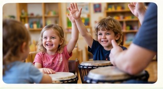 KI-generierte Szene mit Kindergartenkindern beim gemeinsamen Trommeln